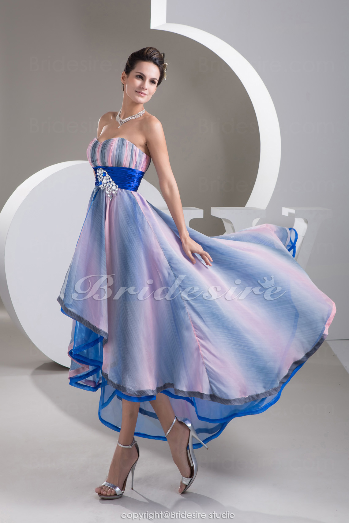 A-line Sweetheart Asymmetrical Sleeveless Stretch Satin Chiffon Dress - Thumbnail 2