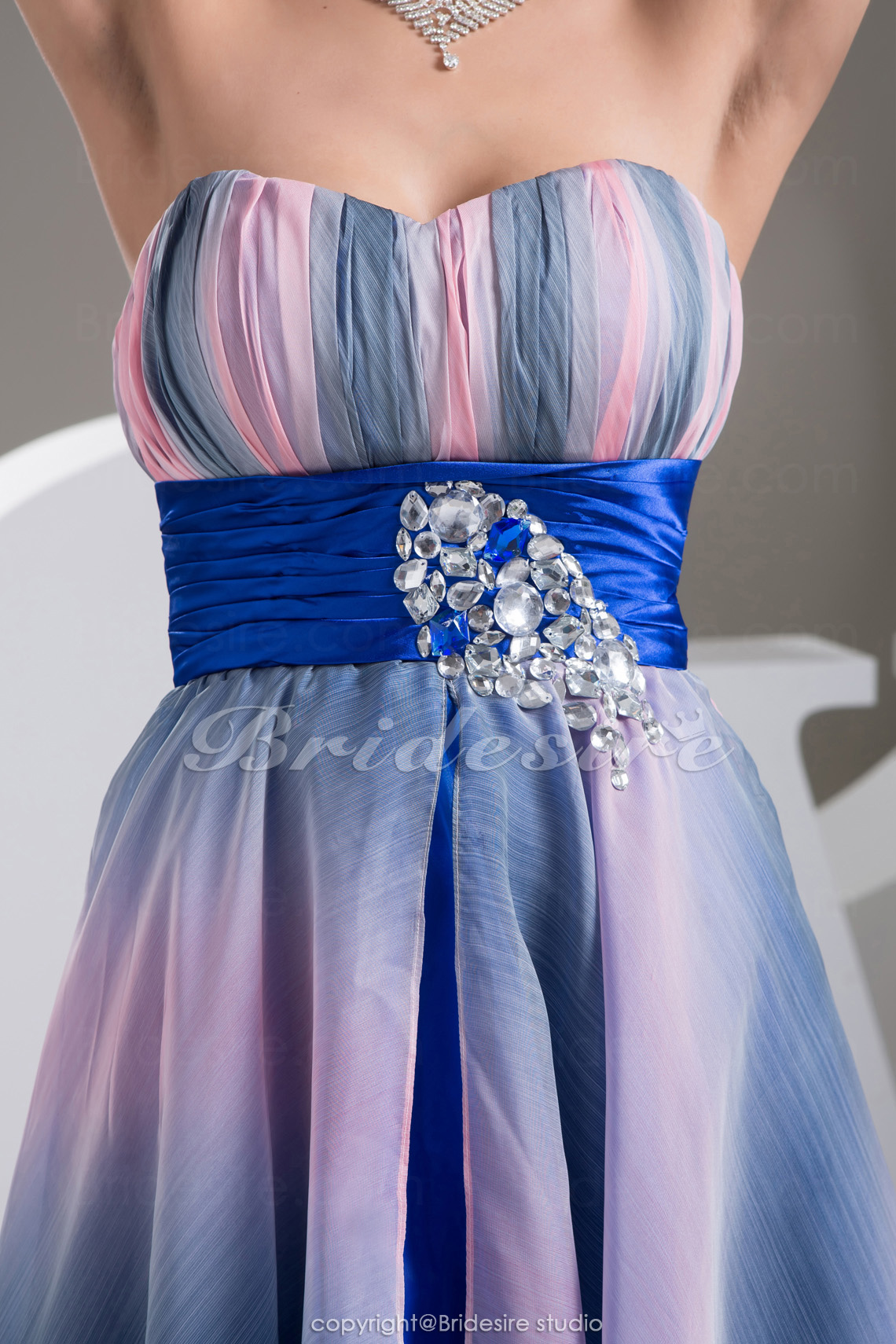 A-line Sweetheart Asymmetrical Sleeveless Stretch Satin Chiffon Dress - Thumbnail 4
