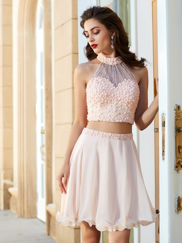 A-line Halter Sleeveless Chiffon Dress